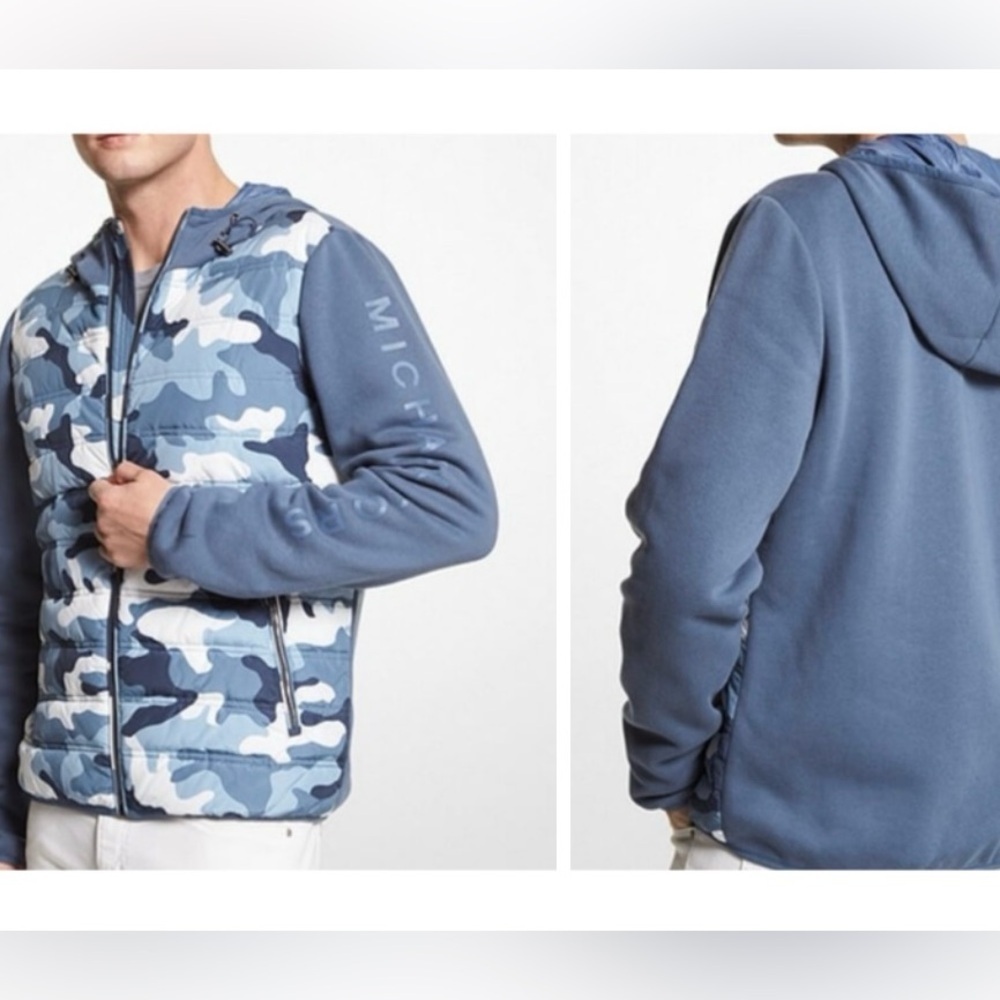 NEW MICHAEL KORS MENS Camo Quilted Nylon Hooded puffer Jacket XL vest blue NWT - Picture 1 of 17